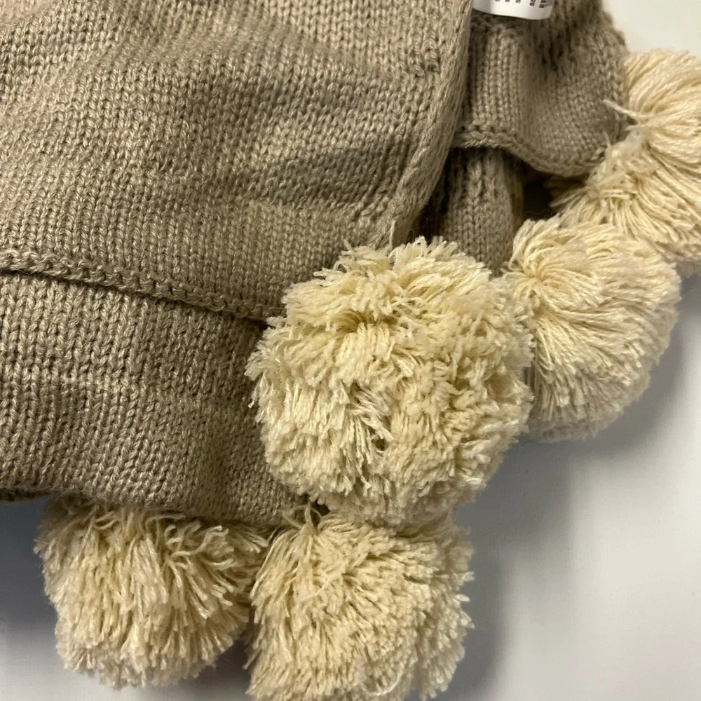 Crate and Barrel Striped Taupe Pom-Pom Throw